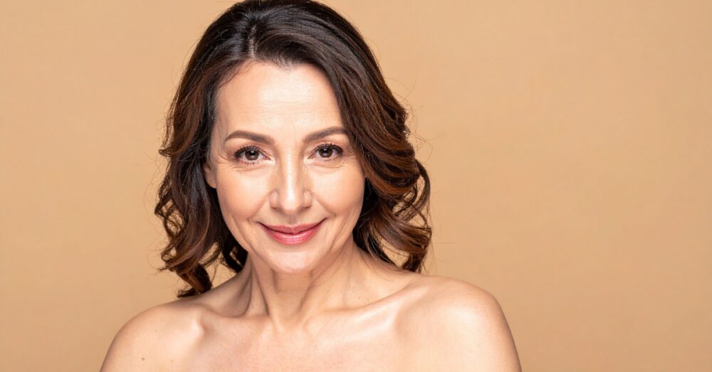 Vibrant woman with glowing skin, smiling at the camera
